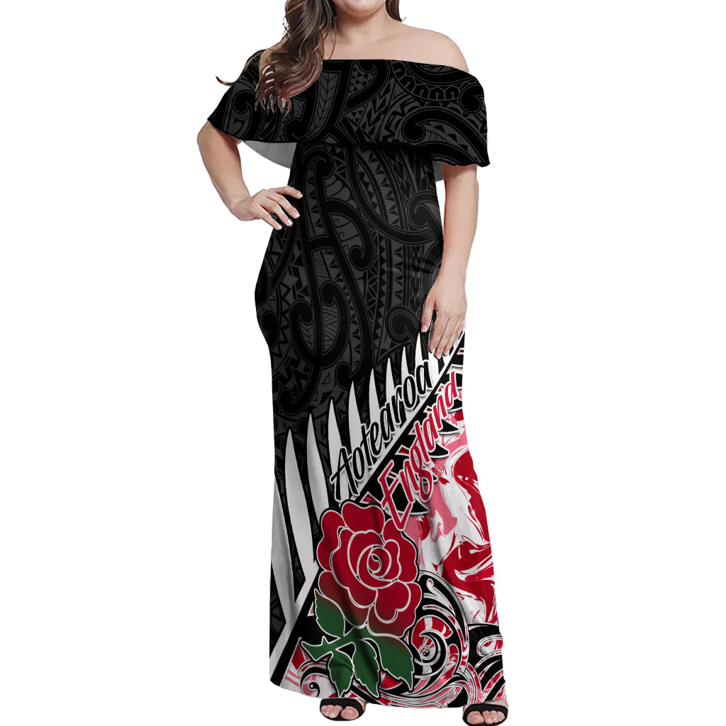 Custom New Zealand and England Rugby Off Shoulder Maxi Dress Silver Fern With Red Rose World Cup 2023 LT01 Women Art - Polynesian Pride