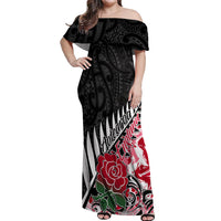 Custom New Zealand and England Rugby Off Shoulder Maxi Dress Silver Fern With Red Rose World Cup 2023 LT01 Women Art - Polynesian Pride