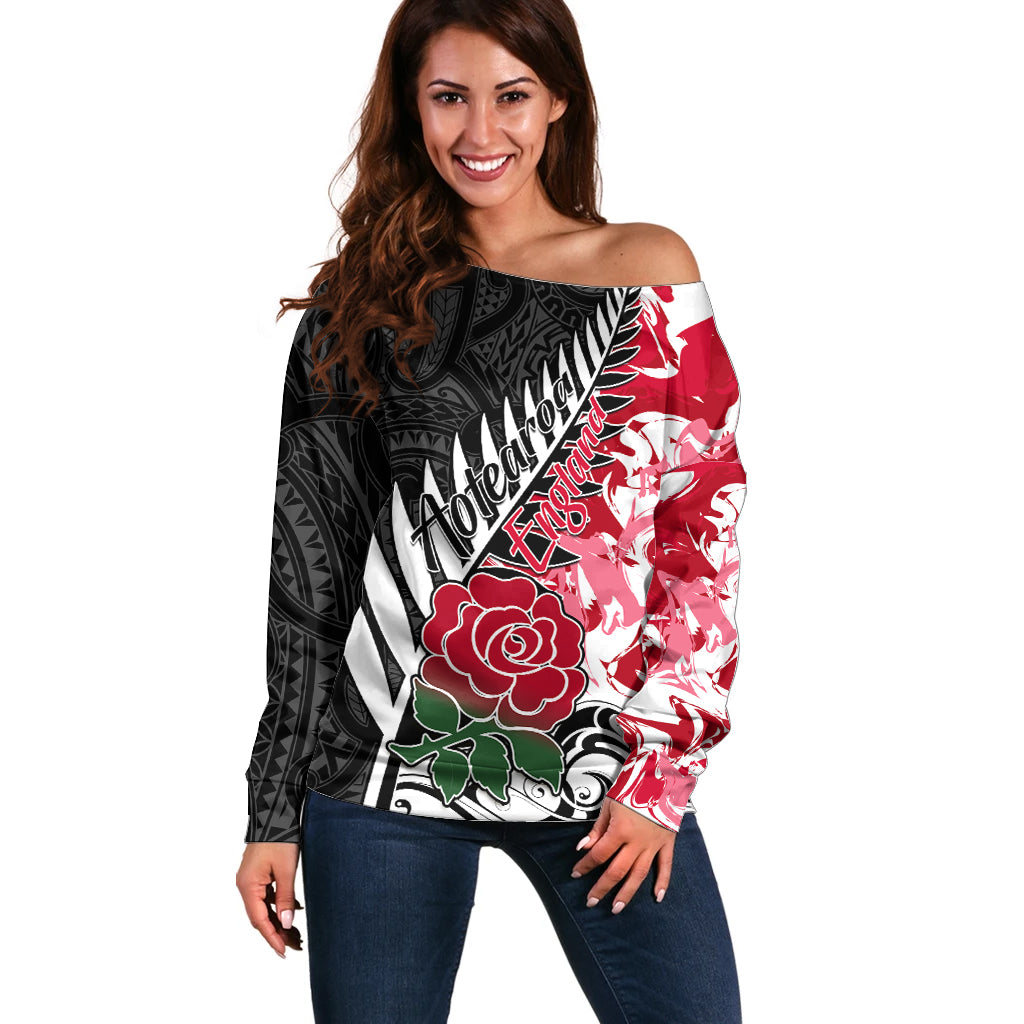 Custom New Zealand and England Rugby Off Shoulder Sweater Silver Fern With Red Rose World Cup 2023 LT01 Women Art - Polynesian Pride