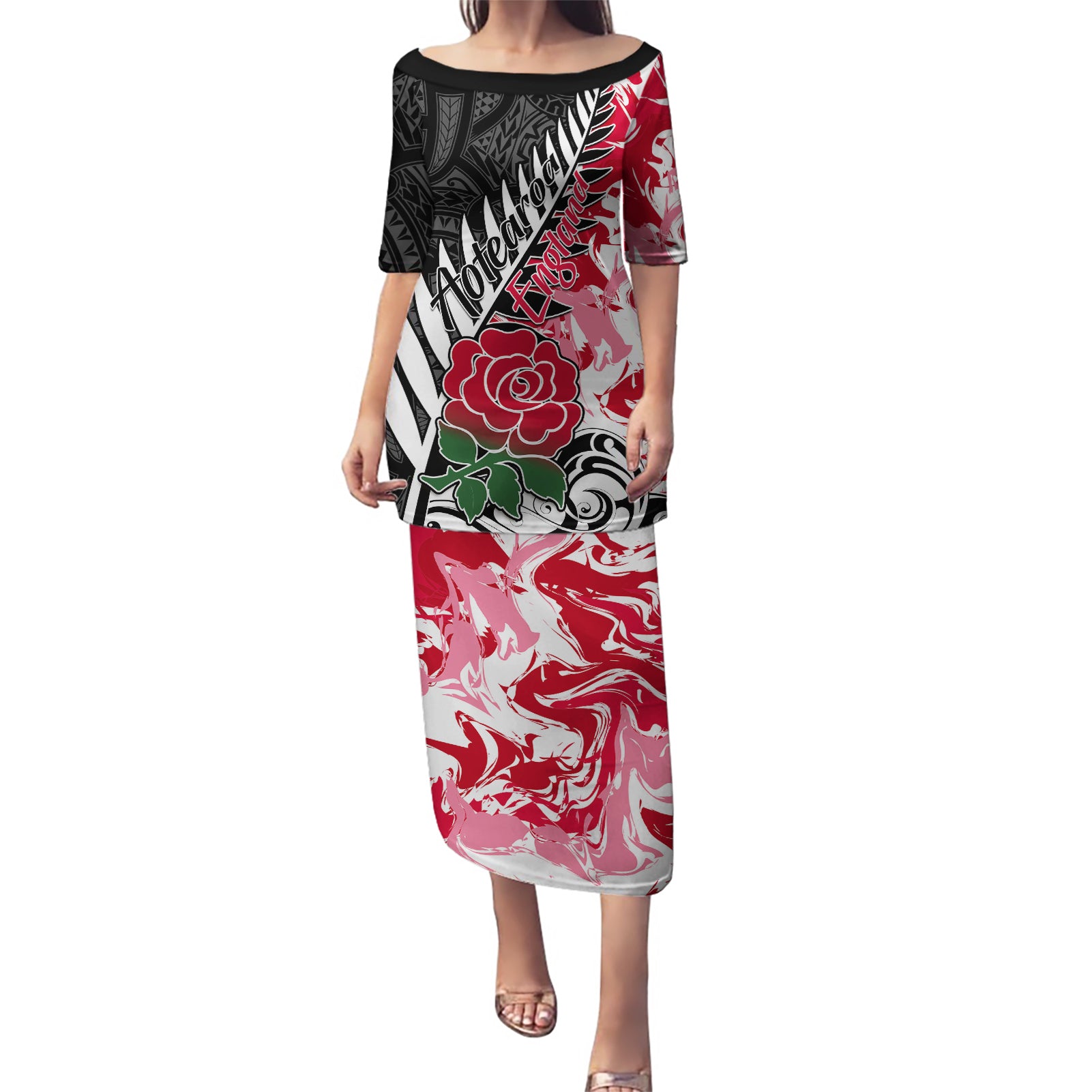 Custom New Zealand and England Rugby Puletasi Silver Fern With Red Rose World Cup 2023 LT01 Long Dress Art - Polynesian Pride