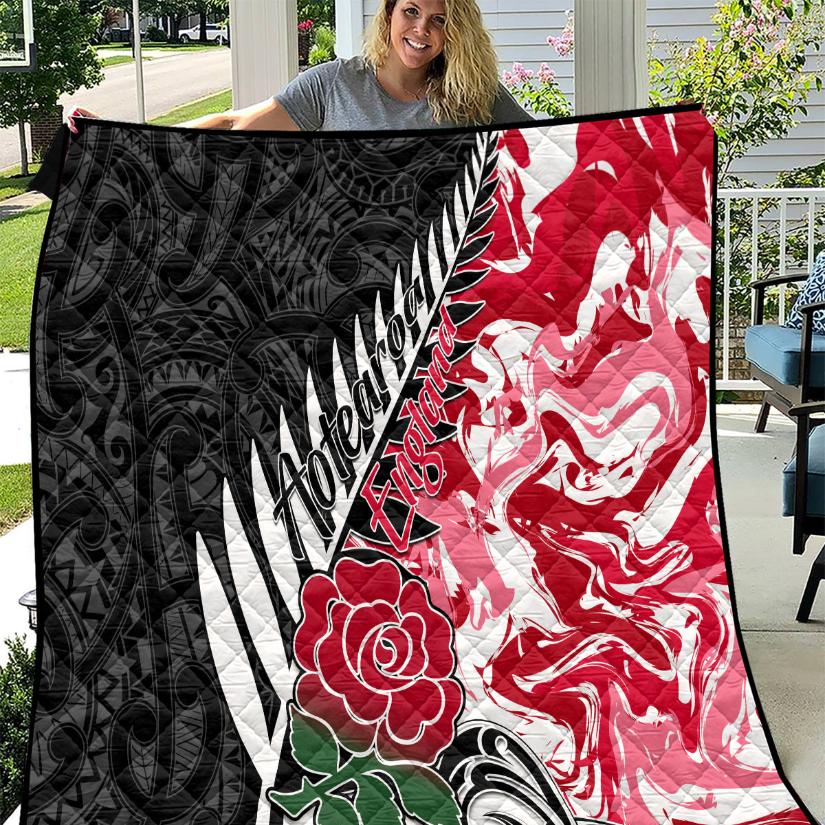 New Zealand and England Rugby Quilt Silver Fern With Red Rose World Cup 2023 LT01 Art - Polynesian Pride