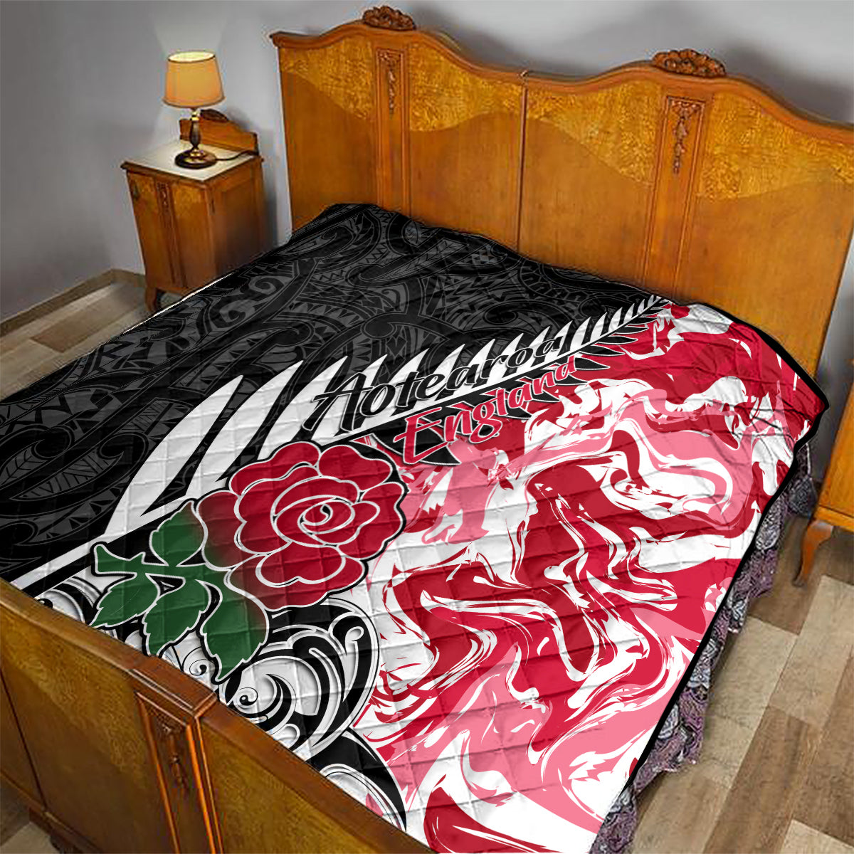 New Zealand and England Rugby Quilt Silver Fern With Red Rose World Cup 2023 LT01 - Polynesian Pride