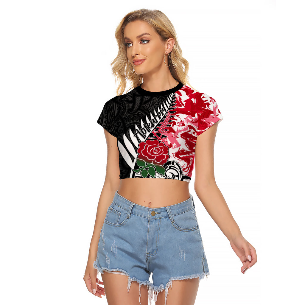 Custom New Zealand and England Rugby Raglan Cropped T Shirt Silver Fern With Red Rose World Cup 2023 LT01 Female Art - Polynesian Pride