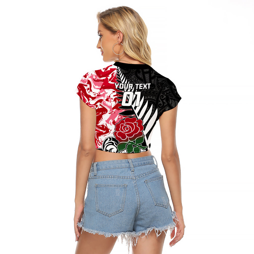 Custom New Zealand and England Rugby Raglan Cropped T Shirt Silver Fern With Red Rose World Cup 2023 LT01 - Polynesian Pride