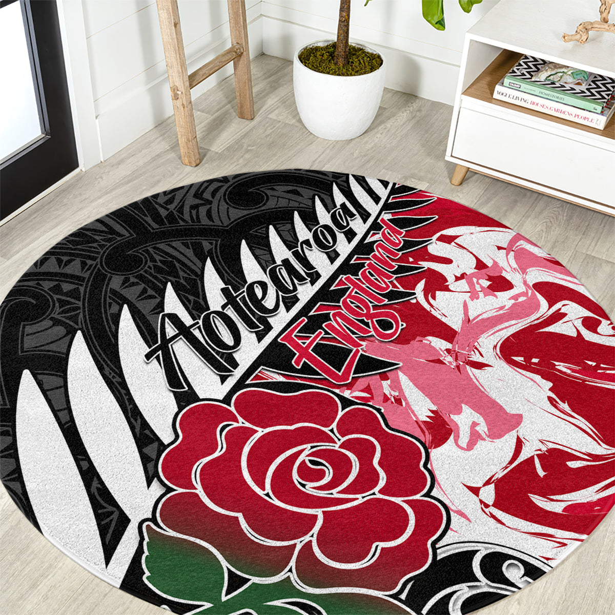 New Zealand and England Rugby Round Carpet Silver Fern With Red Rose World Cup 2023 LT01 Art - Polynesian Pride