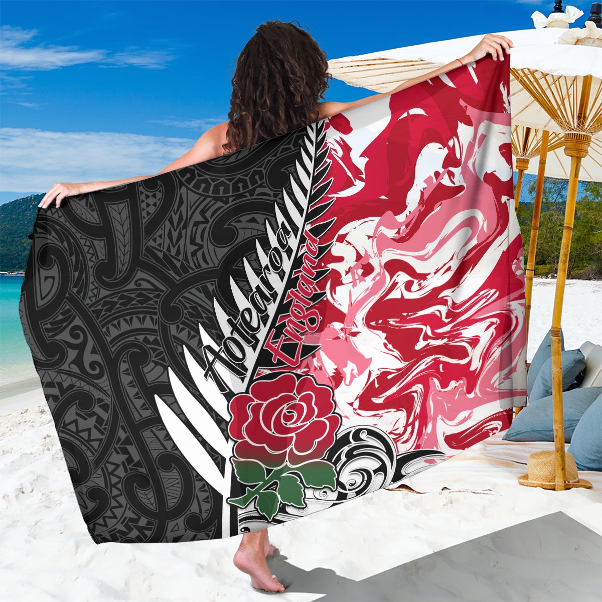 New Zealand and England Rugby Sarong Silver Fern With Red Rose World Cup 2023 LT01 One Size 44 x 66 inches Art - Polynesian Pride