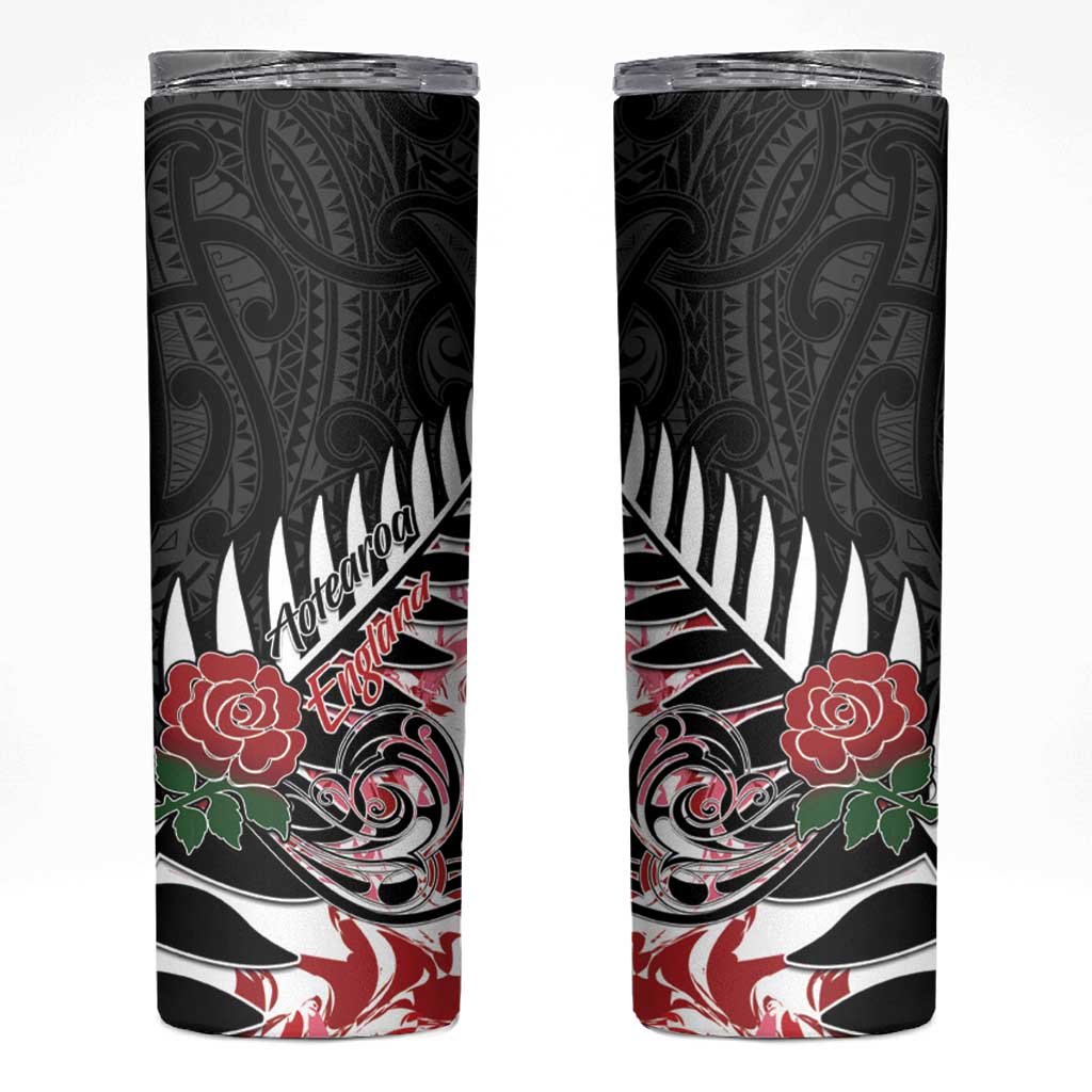 New Zealand and England Rugby Skinny Tumbler Silver Fern With Red Rose