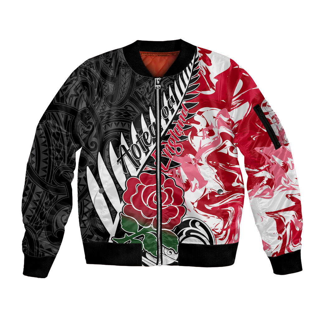 Custom New Zealand and England Rugby Sleeve Zip Bomber Jacket Silver Fern With Red Rose World Cup 2023 LT01 Unisex Art - Polynesian Pride