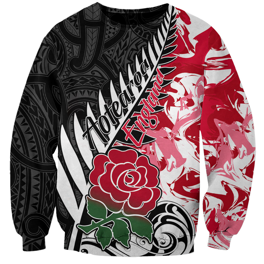 Custom New Zealand and England Rugby Sweatshirt Silver Fern With Red Rose World Cup 2023 LT01 Unisex Art - Polynesian Pride