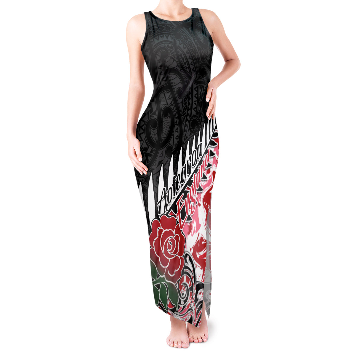 Custom New Zealand and England Rugby Tank Maxi Dress Silver Fern With Red Rose World Cup 2023 LT01 Women Art - Polynesian Pride