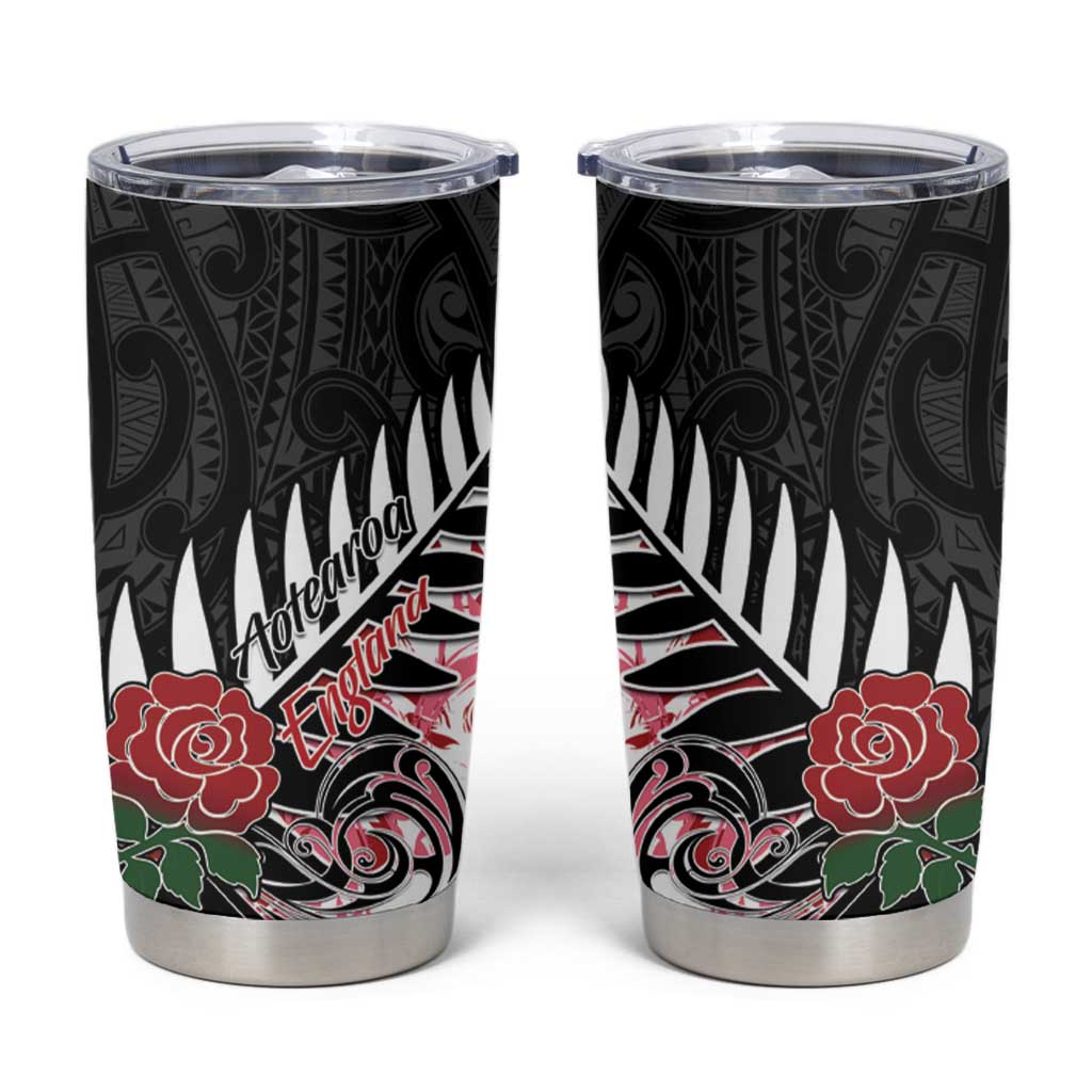 New Zealand and England Rugby Tumbler Cup Silver Fern With Red Rose