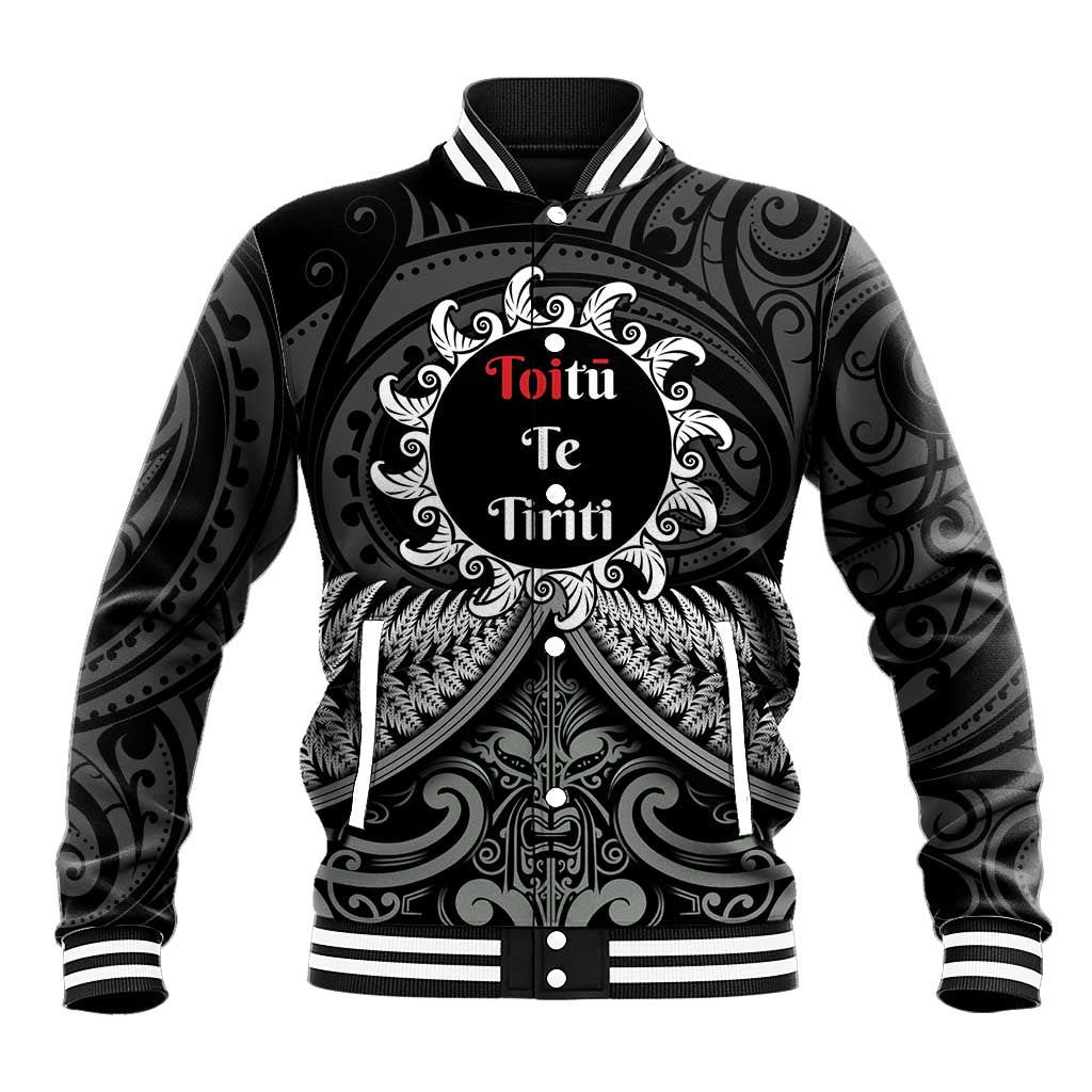 Personalised Toitu Te Tiriti Aotearoa Silver Fern Baseball Jacket New Zealand Maori Pattern LT01 Unisex Black - Polynesian Pride