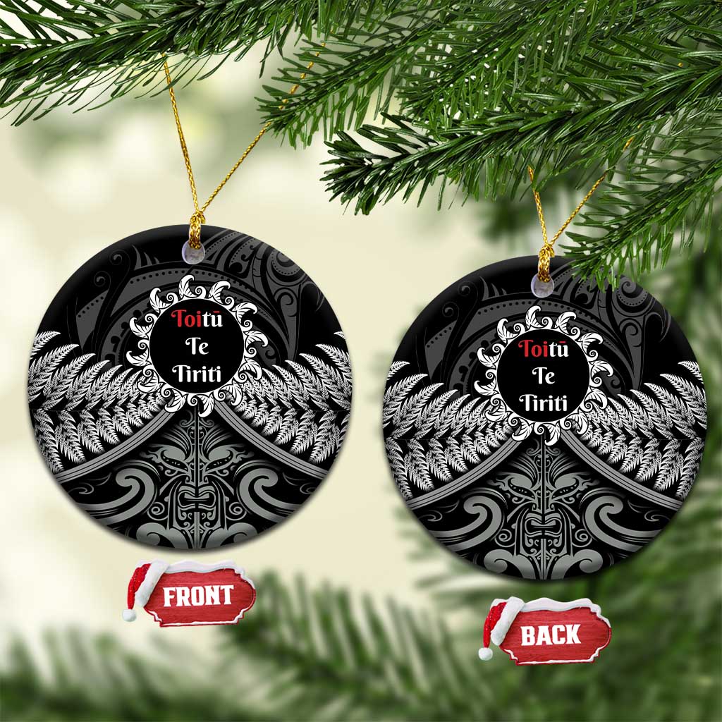 Toitu Te Tiriti Aotearoa Silver Fern Ceramic Ornament Maori Pattern LT01 Circle Black - Polynesian Pride
