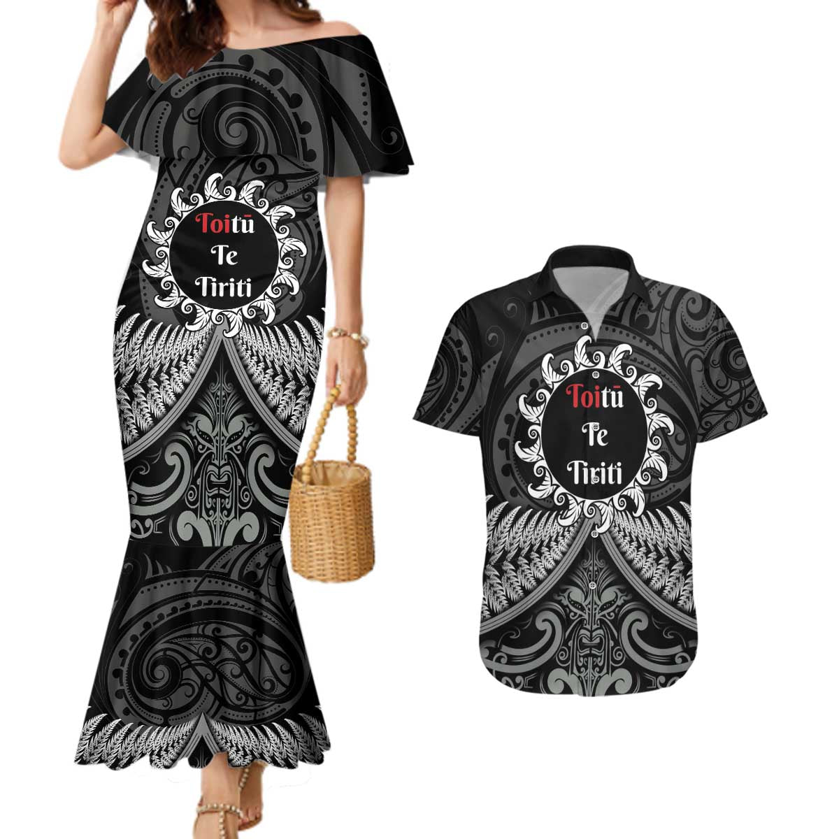 Personalised Toitu Te Tiriti Aotearoa Silver Fern Couples Matching Mermaid Dress and Hawaiian Shirt New Zealand Maori Pattern