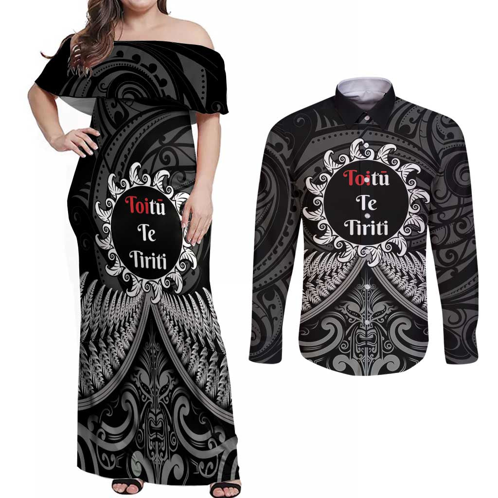 Personalised Toitu Te Tiriti Aotearoa Silver Fern Couples Matching Off Shoulder Maxi Dress and Long Sleeve Button Shirt New Zealand Maori Pattern LT01 Black - Polynesian Pride