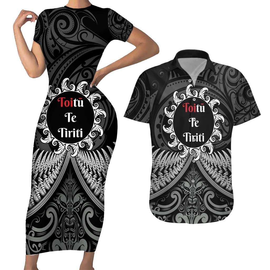 Personalised Toitu Te Tiriti Aotearoa Silver Fern Couples Matching Short Sleeve Bodycon Dress and Hawaiian Shirt New Zealand Maori Pattern LT01 Black - Polynesian Pride