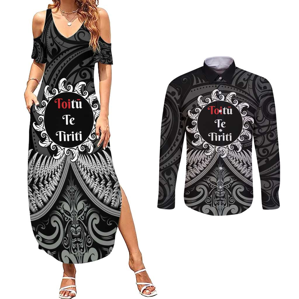 Personalised Toitu Te Tiriti Aotearoa Silver Fern Couples Matching Summer Maxi Dress and Long Sleeve Button Shirt New Zealand Maori Pattern LT01 Black - Polynesian Pride