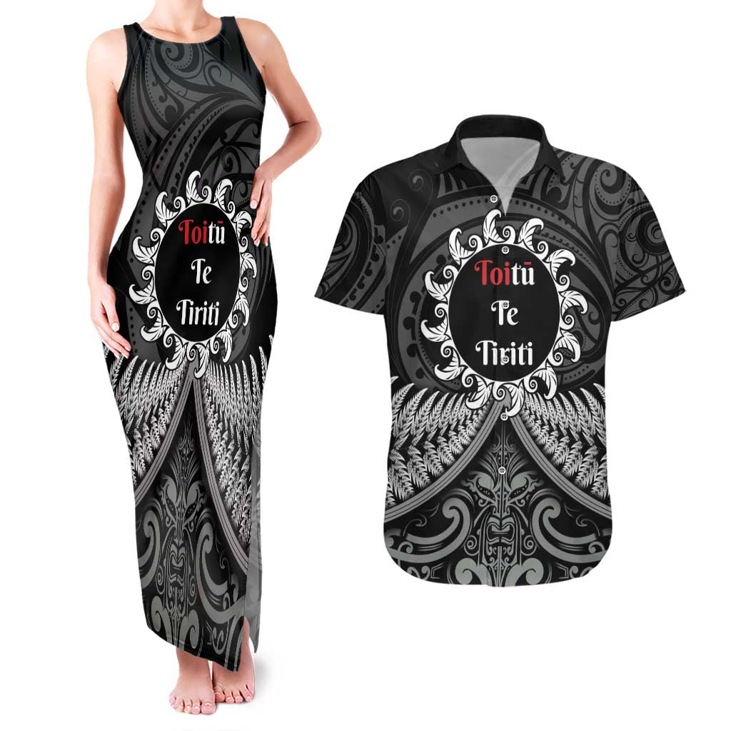 Personalised Toitu Te Tiriti Aotearoa Silver Fern Couples Matching Tank Maxi Dress and Hawaiian Shirt New Zealand Maori Pattern LT01 Black - Polynesian Pride