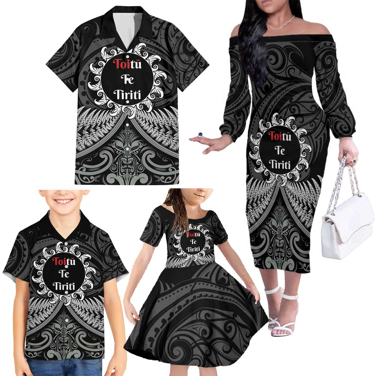 Personalised Toitu Te Tiriti Aotearoa Silver Fern Family Matching Off The Shoulder Long Sleeve Dress and Hawaiian Shirt New Zealand Maori Pattern