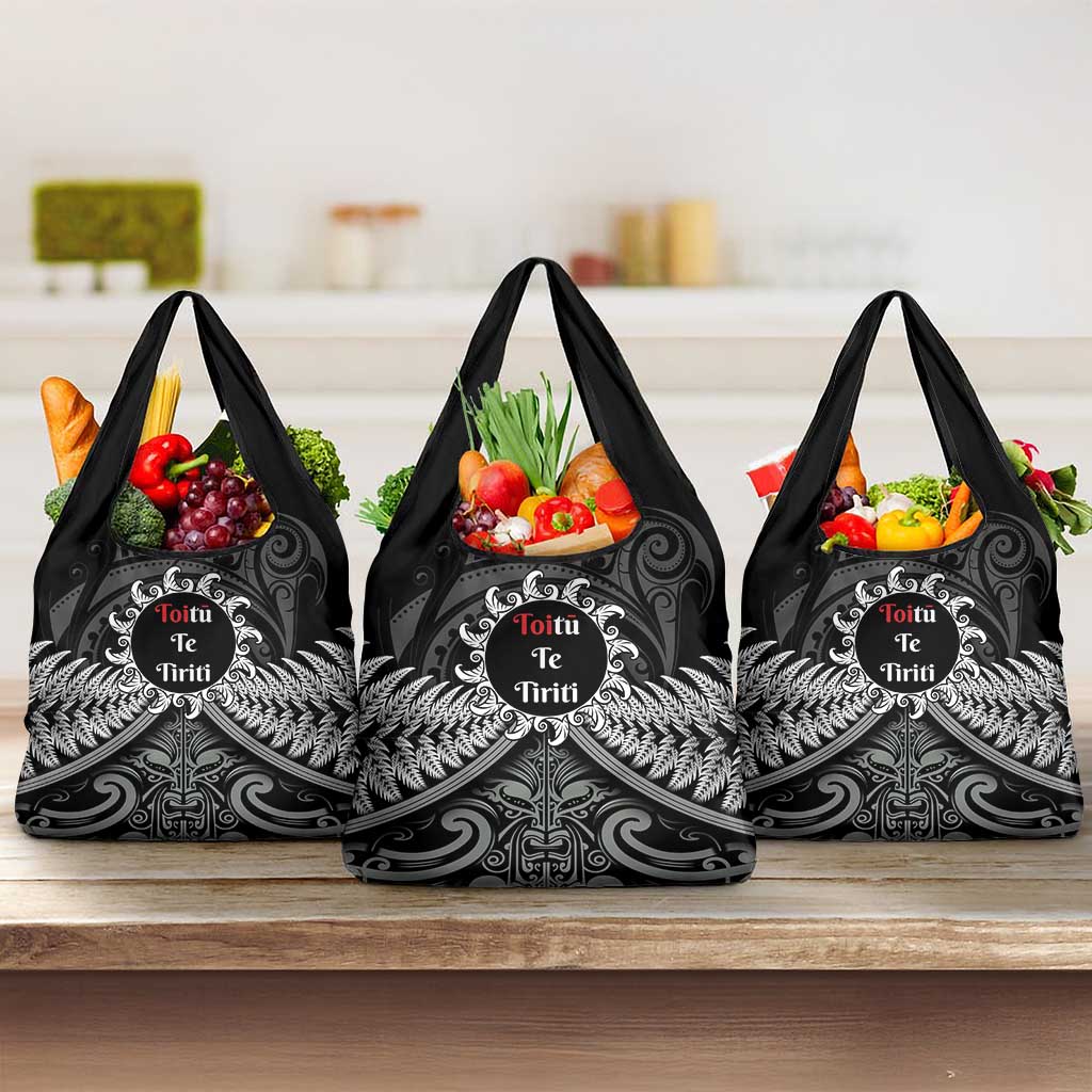 Toitu Te Tiriti Aotearoa Silver Fern Grocery Bag New Zealand Maori Pattern LT01 3-pack One Size Black - Polynesian Pride