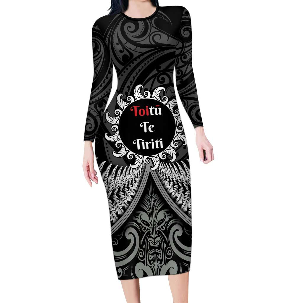 Personalised Toitu Te Tiriti Aotearoa Silver Fern Long Sleeve Bodycon Dress New Zealand Maori Pattern