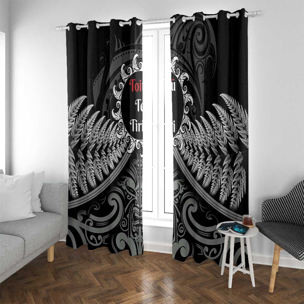 Toitu Te Tiriti Aotearoa Silver Fern Window Curtain New Zealand Maori Pattern LT01 With Grommets Black - Polynesian Pride