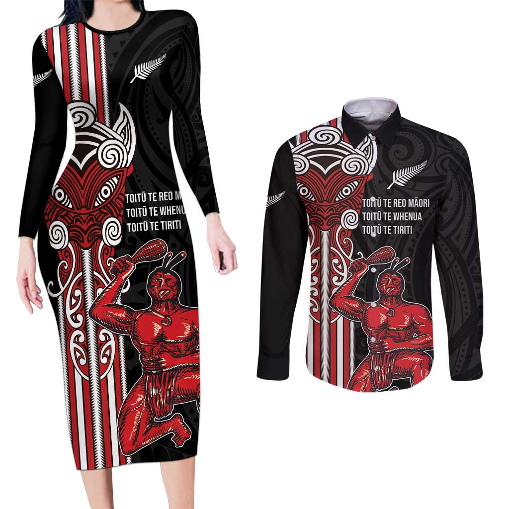 Toitu Te Reo Maori Toitu Te Whenua Toitu Te Tiriti Couples Matching Long Sleeve Bodycon Dress and Long Sleeve Button Shirt Maori Warrior New Zealand LT01 Black - Polynesian Pride
