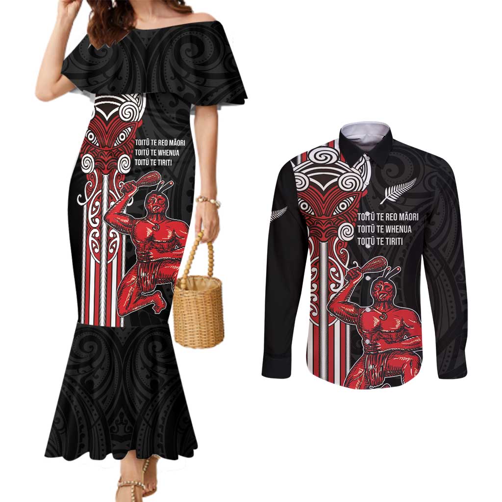 Toitu Te Reo Maori Toitu Te Whenua Toitu Te Tiriti Couples Matching Mermaid Dress and Long Sleeve Button Shirt Maori Warrior New Zealand LT01 Black - Polynesian Pride