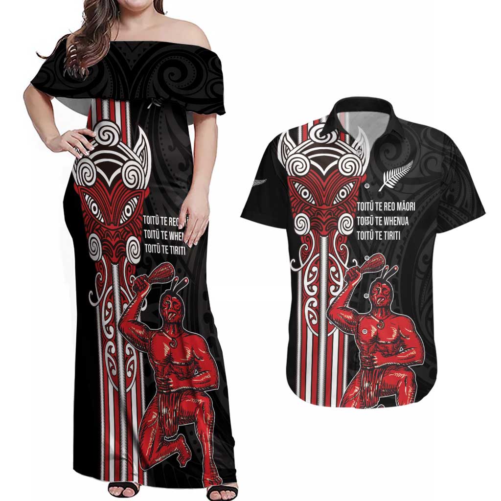 Toitu Te Reo Maori Toitu Te Whenua Toitu Te Tiriti Couples Matching Off Shoulder Maxi Dress and Hawaiian Shirt Maori Warrior New Zealand