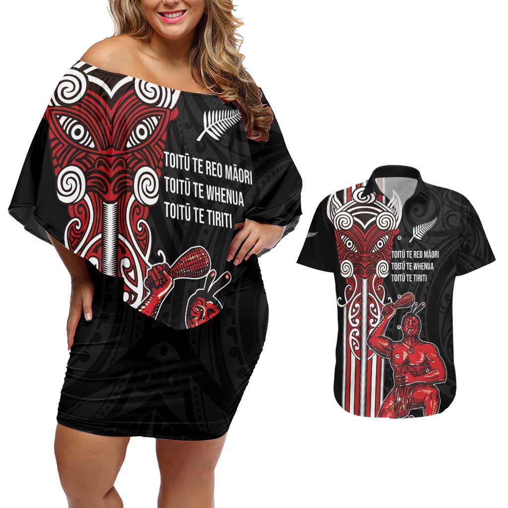 Toitu Te Reo Maori Toitu Te Whenua Toitu Te Tiriti Couples Matching Off Shoulder Short Dress and Hawaiian Shirt Maori Warrior New Zealand