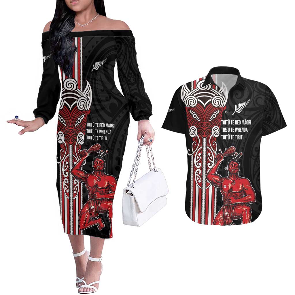 Toitu Te Reo Maori Toitu Te Whenua Toitu Te Tiriti Couples Matching Off The Shoulder Long Sleeve Dress and Hawaiian Shirt Maori Warrior New Zealand