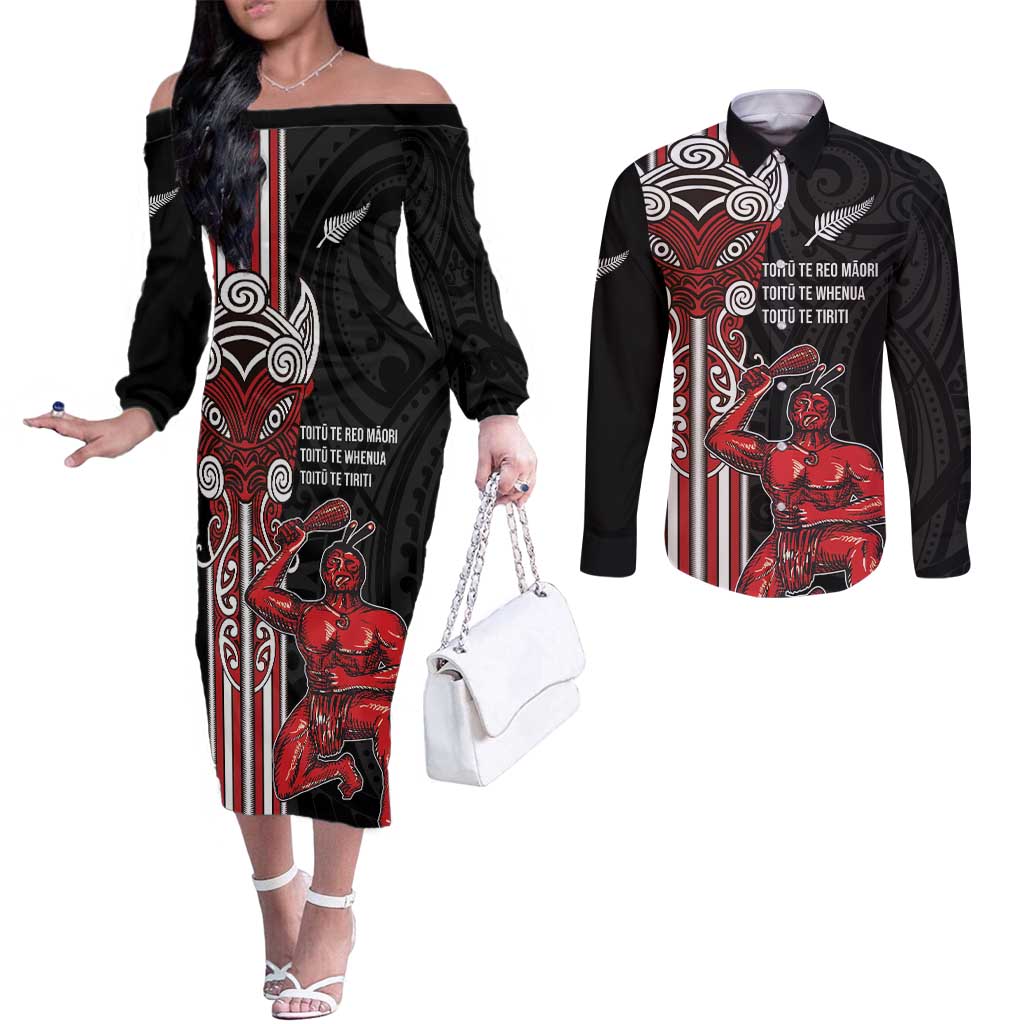 Toitu Te Reo Maori Toitu Te Whenua Toitu Te Tiriti Couples Matching Off The Shoulder Long Sleeve Dress and Long Sleeve Button Shirt Maori Warrior New Zealand LT01 Black - Polynesian Pride