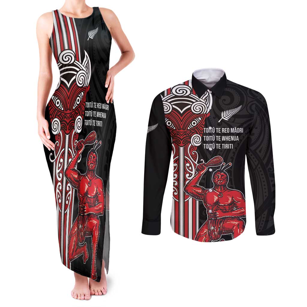Toitu Te Reo Maori Toitu Te Whenua Toitu Te Tiriti Couples Matching Tank Maxi Dress and Long Sleeve Button Shirt Maori Warrior New Zealand LT01 Black - Polynesian Pride