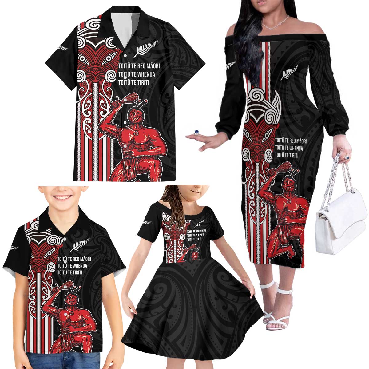 Toitu Te Reo Maori Toitu Te Whenua Toitu Te Tiriti Family Matching Off The Shoulder Long Sleeve Dress and Hawaiian Shirt Maori Warrior New Zealand