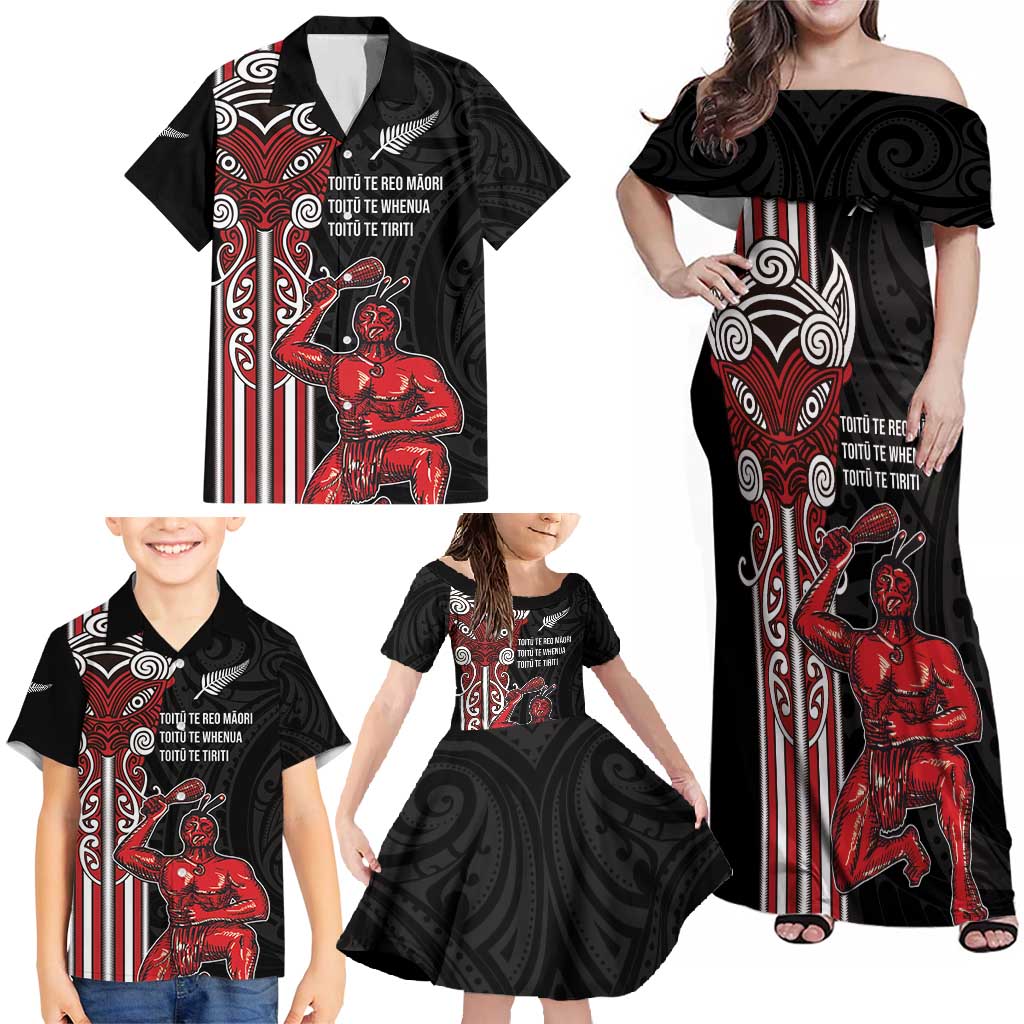 Toitu Te Reo Maori Toitu Te Whenua Toitu Te Tiriti Family Matching Off Shoulder Maxi Dress and Hawaiian Shirt Maori Warrior New Zealand