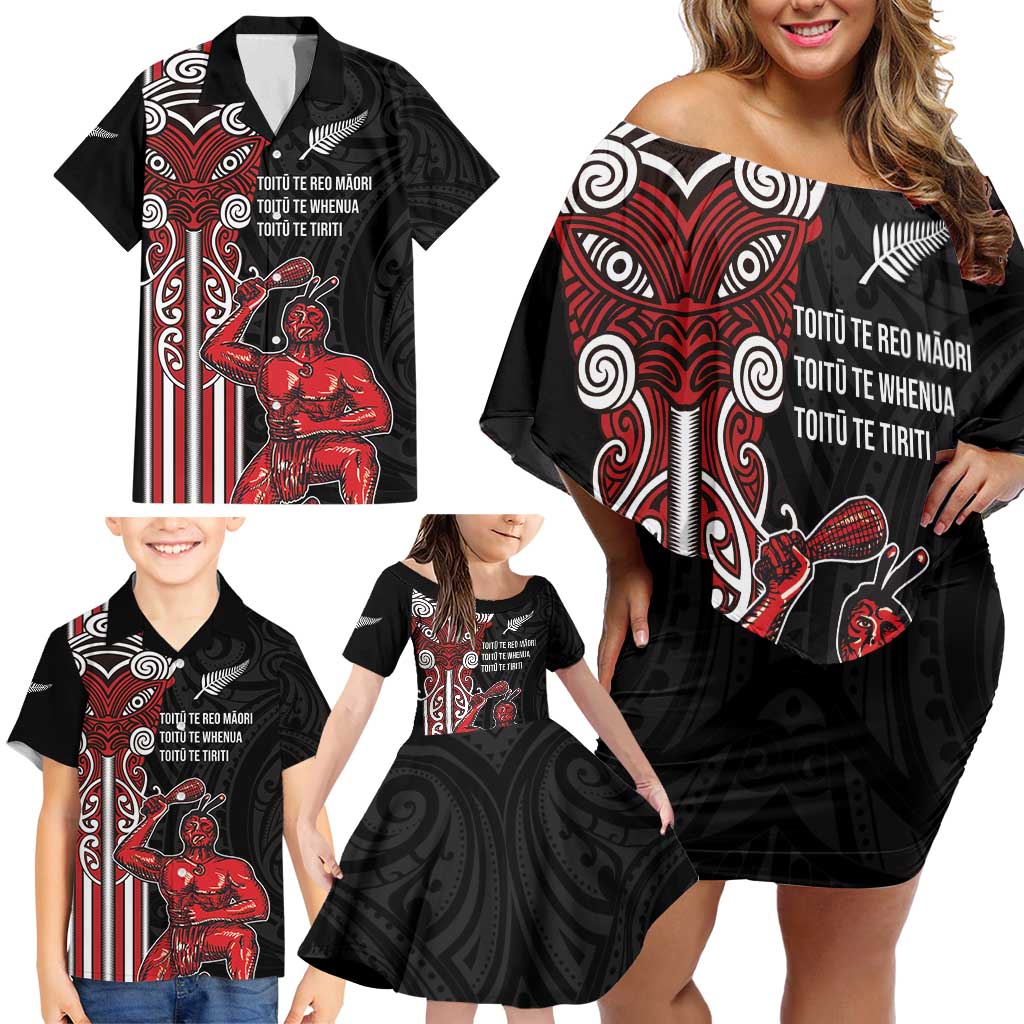 Toitu Te Reo Maori Toitu Te Whenua Toitu Te Tiriti Family Matching Off Shoulder Short Dress and Hawaiian Shirt Maori Warrior New Zealand