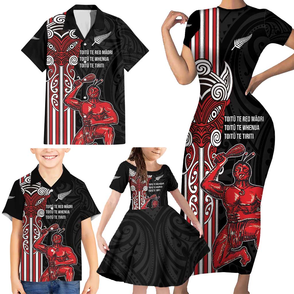 Toitu Te Reo Maori Toitu Te Whenua Toitu Te Tiriti Family Matching Short Sleeve Bodycon Dress and Hawaiian Shirt Maori Warrior New Zealand