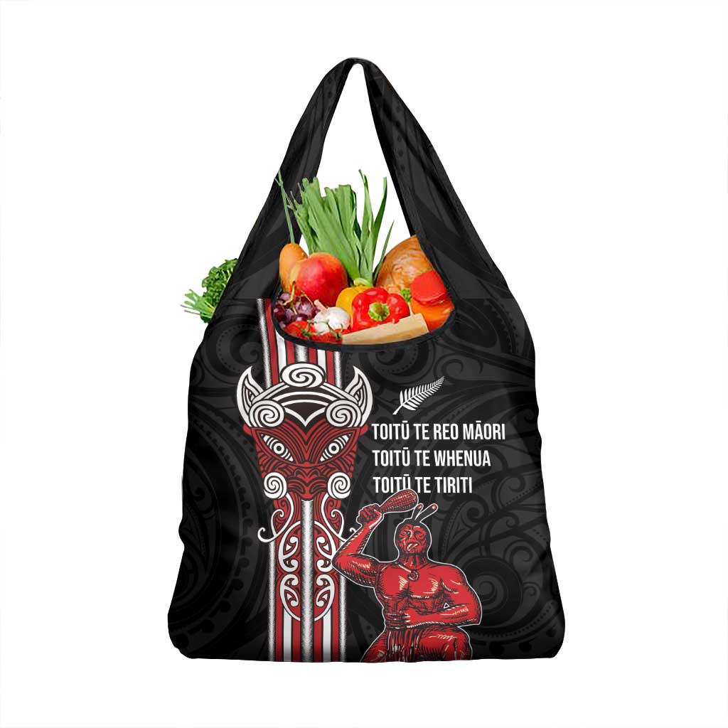 Toitu Te Reo Maori Toitu Te Whenua Toitu Te Tiriti Grocery Bag Maori Warrior New Zealand LT01 1-pack One Size Black - Polynesian Pride