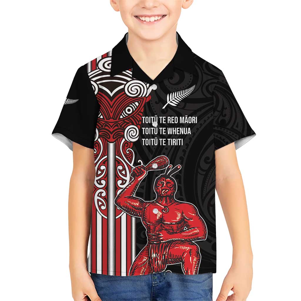 Toitu Te Reo Maori Toitu Te Whenua Toitu Te Tiriti Kid Hawaiian Shirt Maori Warrior New Zealand