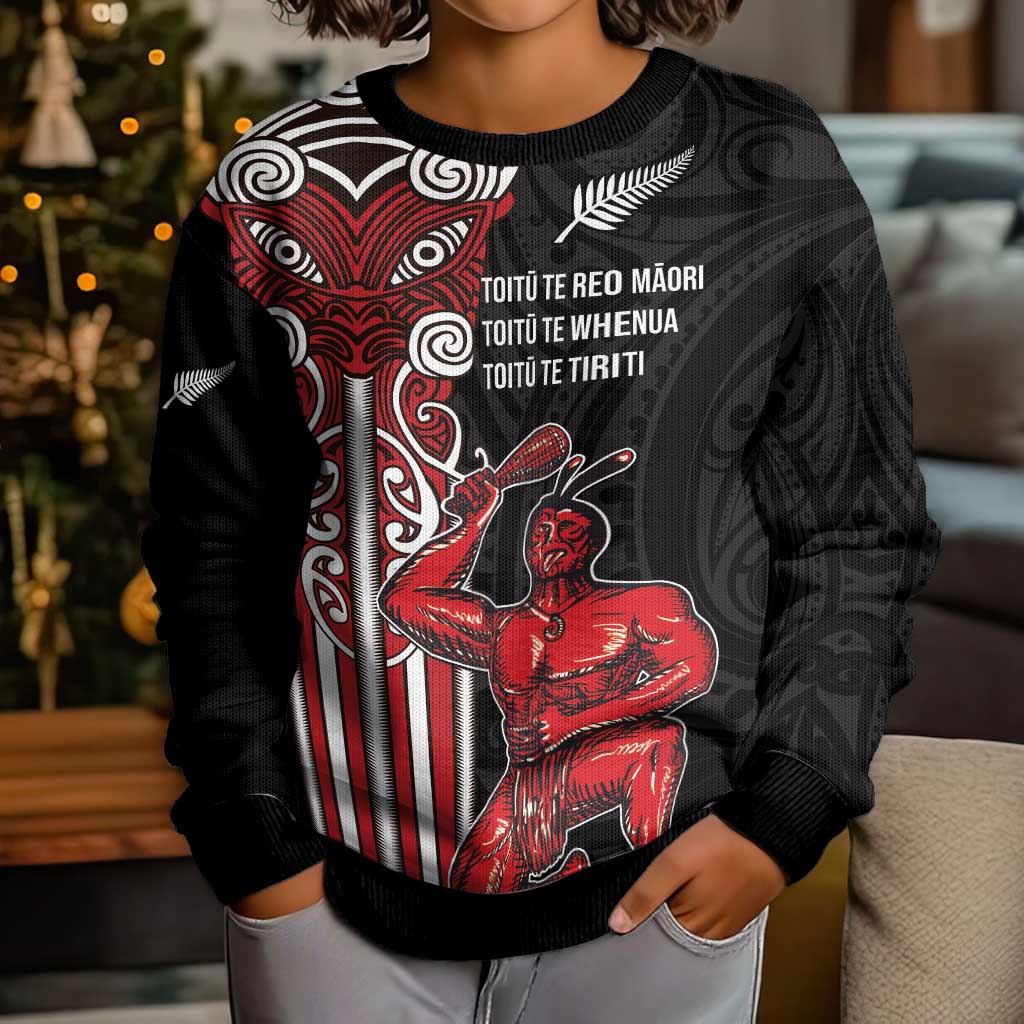 Toitu Te Reo Maori Toitu Te Whenua Toitu Te Tiriti Kid Ugly Christmas Sweater Maori Warrior