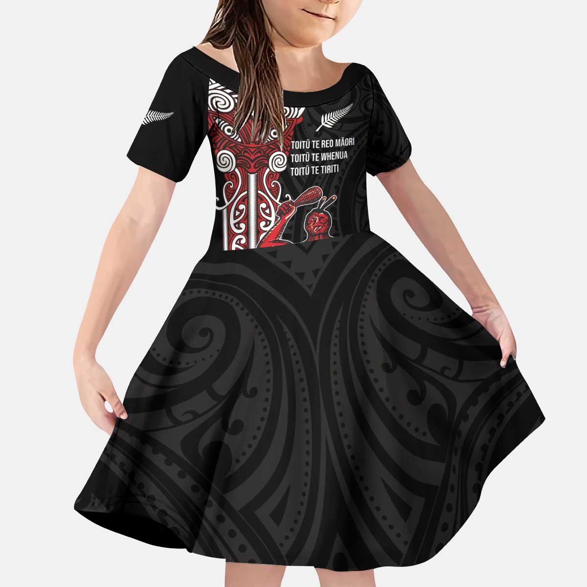 Toitu Te Reo Maori Toitu Te Whenua Toitu Te Tiriti Kid Short Sleeve Dress Maori Warrior New Zealand