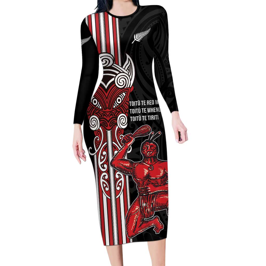 Toitu Te Reo Maori Toitu Te Whenua Toitu Te Tiriti Long Sleeve Bodycon Dress Maori Warrior New Zealand