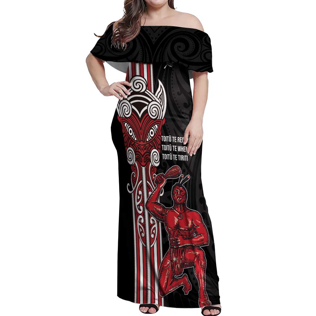 Toitu Te Reo Maori Toitu Te Whenua Toitu Te Tiriti Off Shoulder Maxi Dress Maori Warrior New Zealand