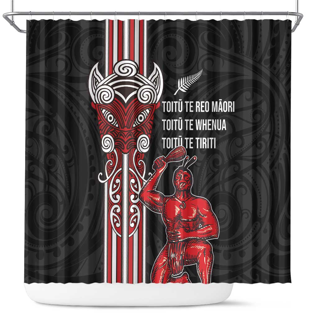 Toitu Te Reo Maori Toitu Te Whenua Toitu Te Tiriti Shower Curtain Maori Warrior New Zealand