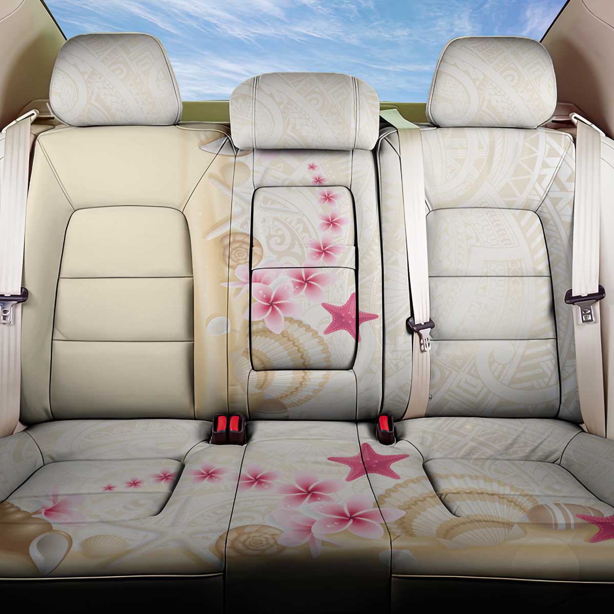Beige Frangipani Sea Shell Back Car Seat Cover Starfish Polynesian Pattern - Polynesian Pride