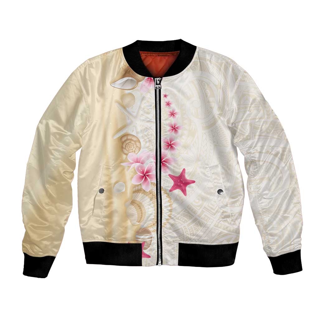 Beige Frangipani Sea Shell Bomber Jacket Starfish Polynesian Pattern LT01 Unisex Beige - Polynesian Pride
