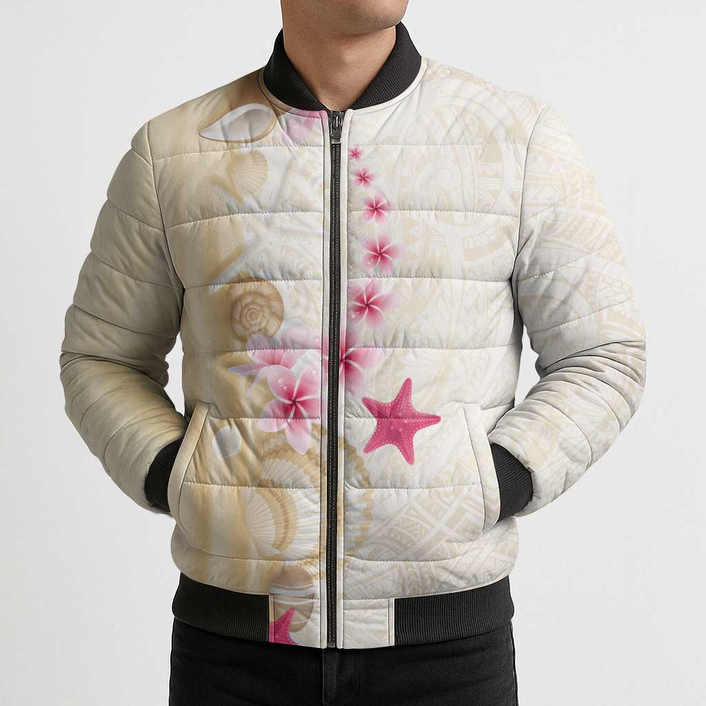 Beige Frangipani Sea Shell Bomber Puffer Jacket Starfish Polynesian Pattern LT01 - Polynesian Pride