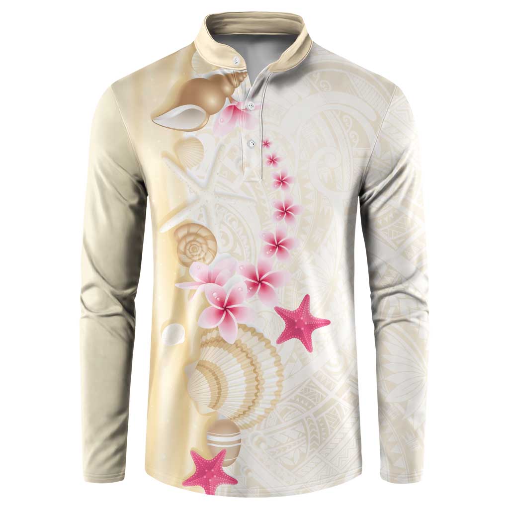 Beige Frangipani Sea Shell Button Sweatshirt Starfish Polynesian Pattern LT01 Beige - Polynesian Pride