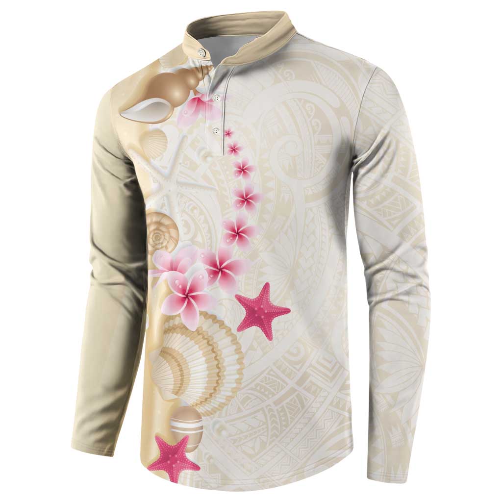 Beige Frangipani Sea Shell Button Sweatshirt Starfish Polynesian Pattern LT01 - Polynesian Pride