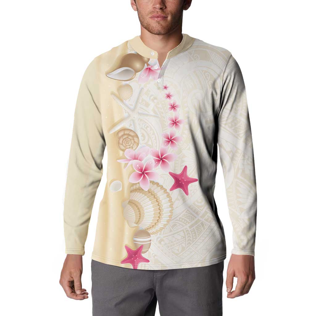 Beige Frangipani Sea Shell Button Sweatshirt Starfish Polynesian Pattern LT01 - Polynesian Pride